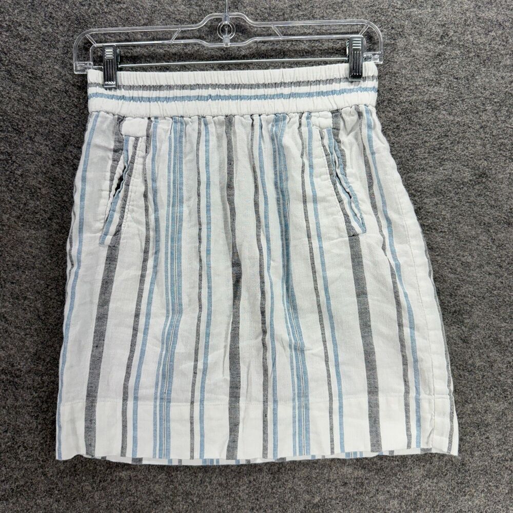 Loft Skirt Women 2XS White Striped A-Line Midi Linen Mid Rise Pull On Pockets